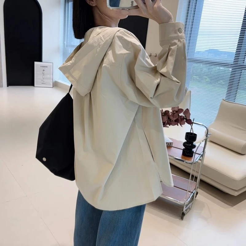 宽松连帽长袖衬衫女2025春夏新款开叉设计感薄款外套休闲纯棉开衫