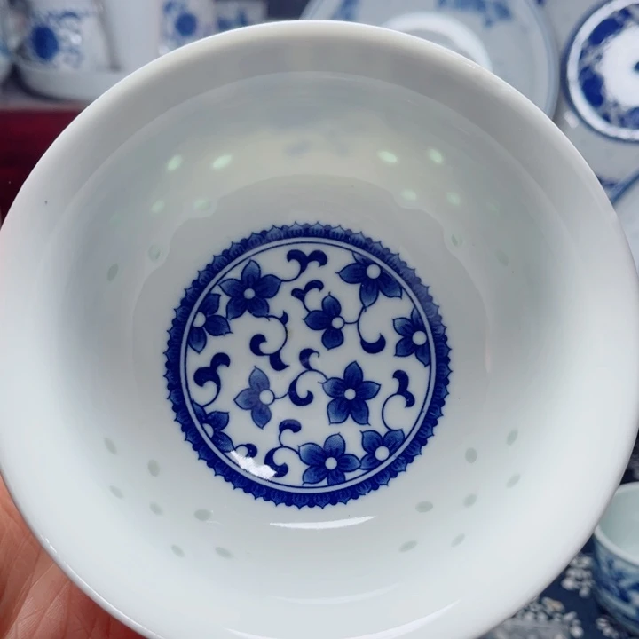 青花玲珑5寸饭碗紫荆花无花