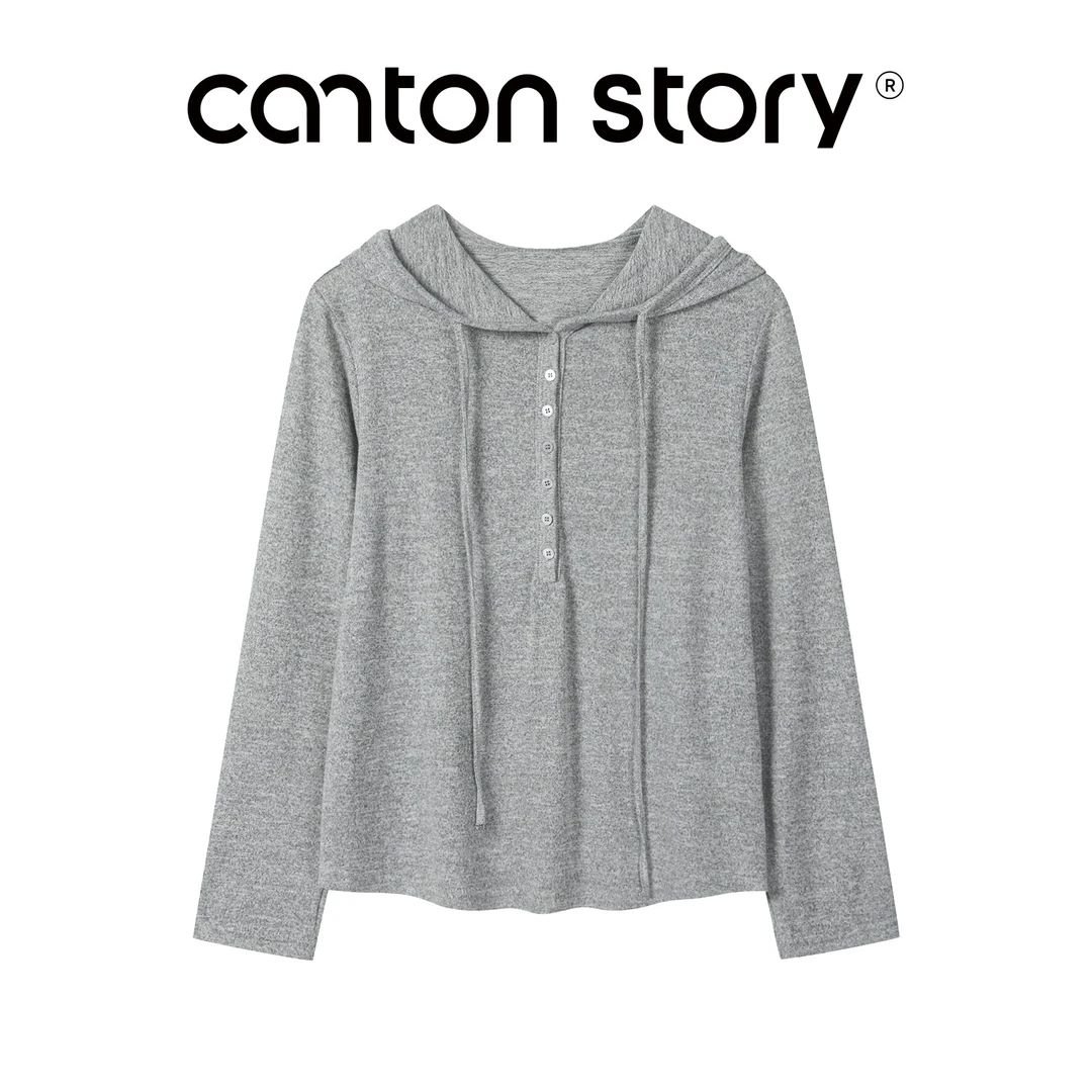 羊城故事-花灰色抽绳连帽长袖t恤女2025新款小众宽松外套上衣9096