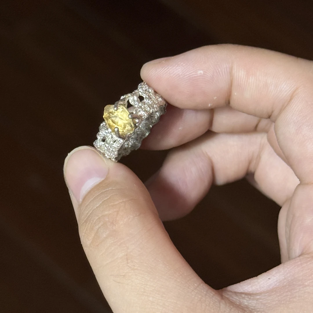 足银戒指 蕾丝戒指黄水晶｜990银｜手工饰品不退不换