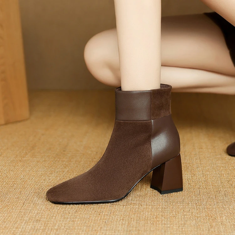 羊反皮+牛皮6.5方头高跟短靴显瘦气质女cm秋冬时尚粗跟时装靴短筒
