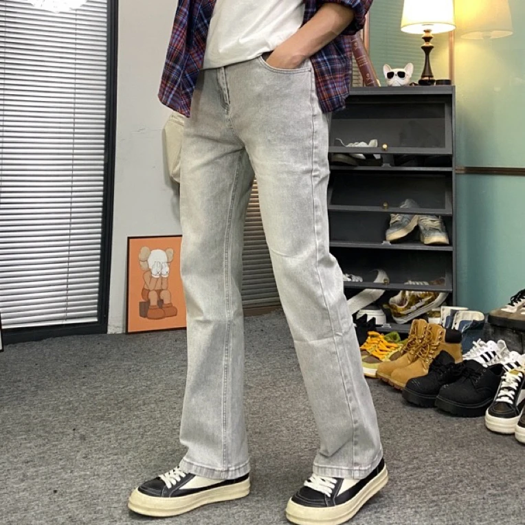 秋冬穿搭vibecleanfit烟灰色直筒微喇裤修身弹力男男款牛仔裤