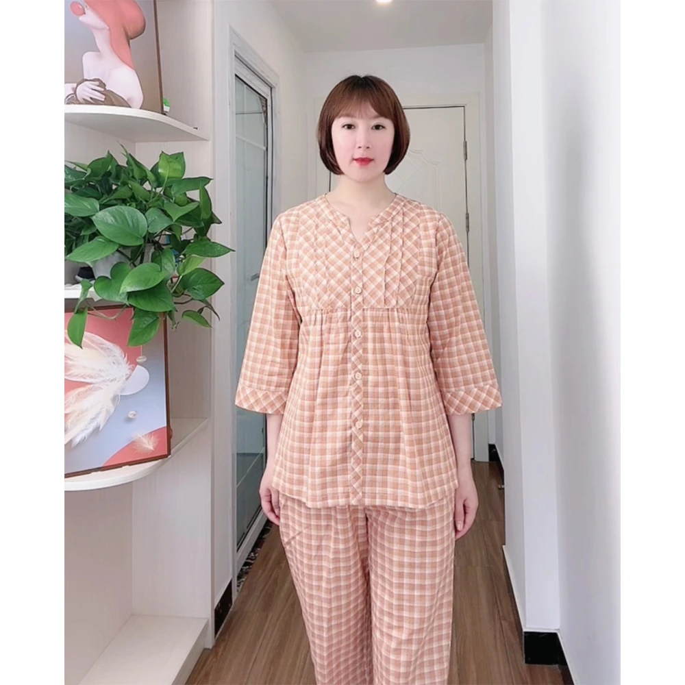 精选姬玛春夏款梭织纯棉七分袖格子女士家居服睡衣套装252422