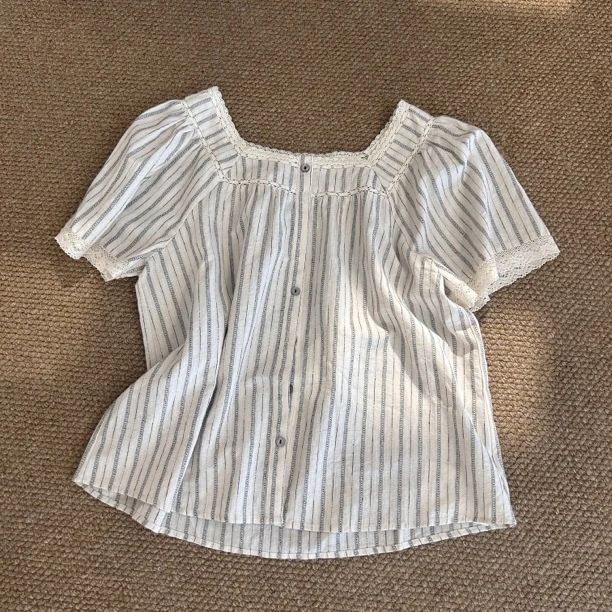 夏季新款法式花边方领条纹衬衫88319