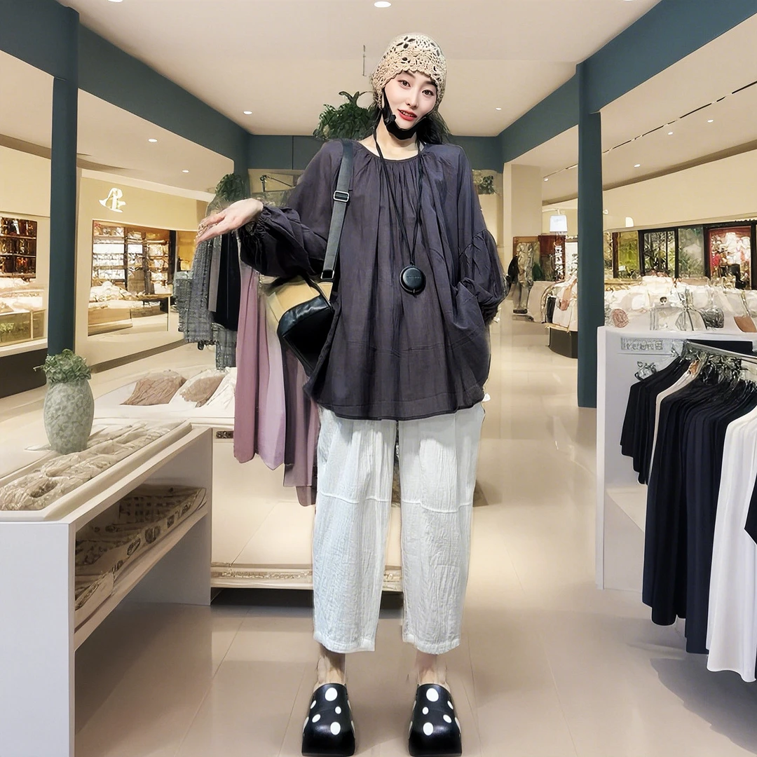 上衣长袖麻料蓬蓬衫穿出松弛感藏肉显瘦亚麻美学森系少女女感衬衫