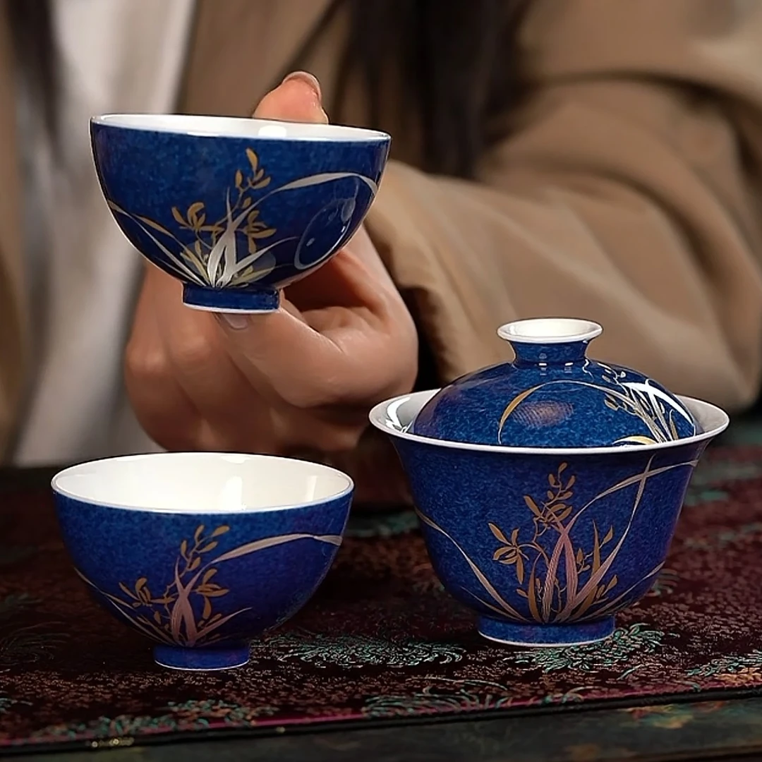 【品遗敬仁】初蓝舍描金银洒蓝兰花套组三件套100cc「盖碗1+鸡心杯2」