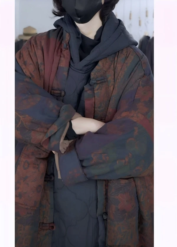 【四季青菲霏】2025秋冬季新款印花斜纹盘扣中长款棉衣棉服89938