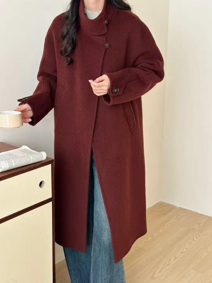 安可拉红立领双面羊毛大衣女宽松过膝韩系高级感羊毛呢外套