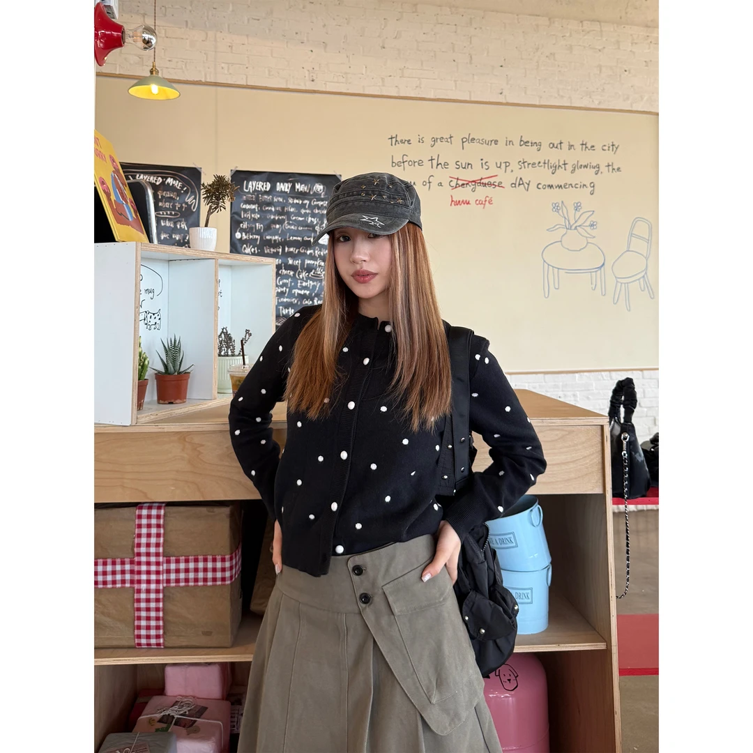 川川也CCYE复古正肩波点针织衫微宽松弹力外套经典毛衣