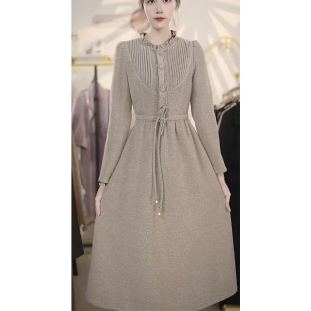 M7158洋气高级感拼接长袖连衣裙秋冬新款气质减龄贵夫人遮肉A字裙