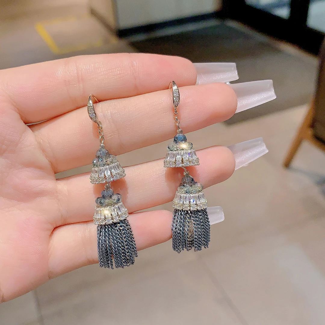 铜合金仿水晶耳饰 法式时尚超闪多层流苏微镶锆石气质个性耳饰女