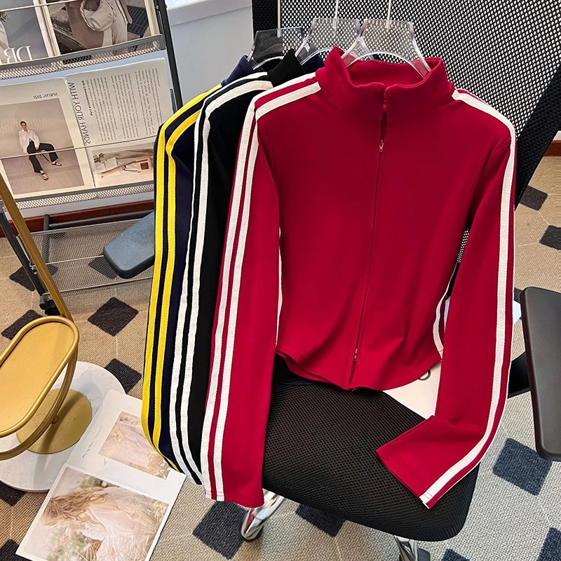 实拍春季新款杠条运动立领开衫设计感双拉链长袖上衣T恤黑色红色