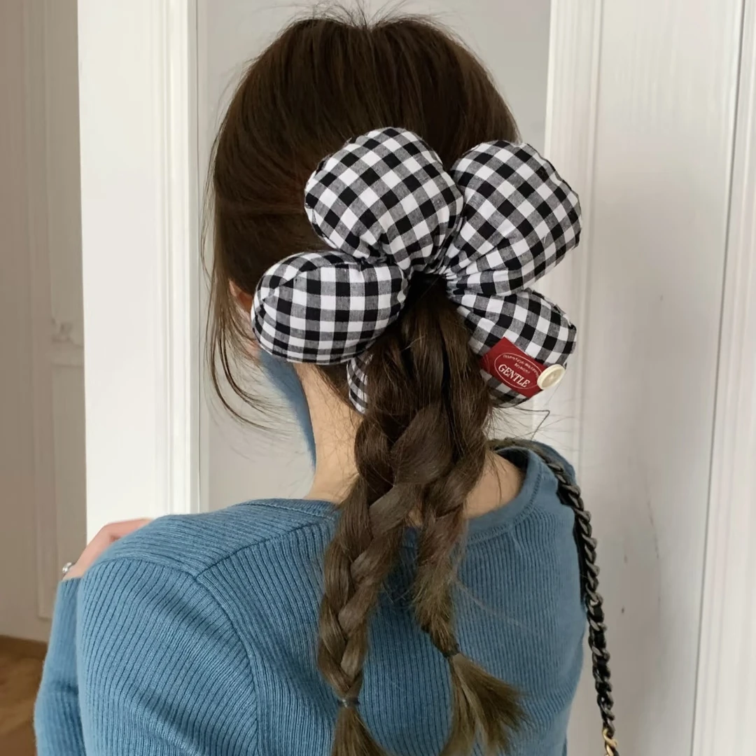 韩国拼接格纹花花发圈女大号立体花朵头绳大肠圈高级感发绳丸子头