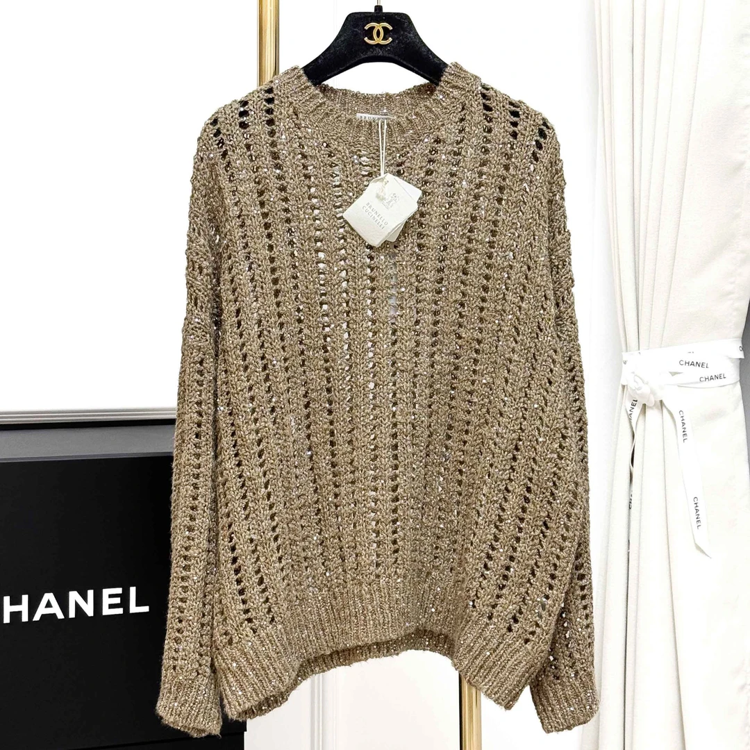 99新 MIU MIU/缪缪 BC S码咖色镂空亮片圆领针织上衣 二手