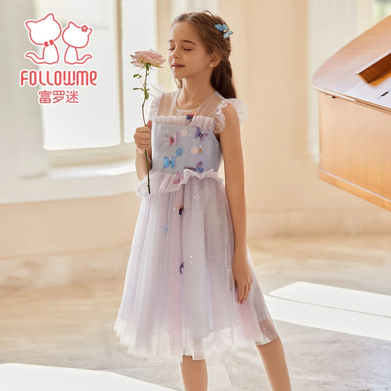 ①富罗迷女童无袖公主裙夏季渐变撞色幻彩网纱连衣裙子F4B9727L