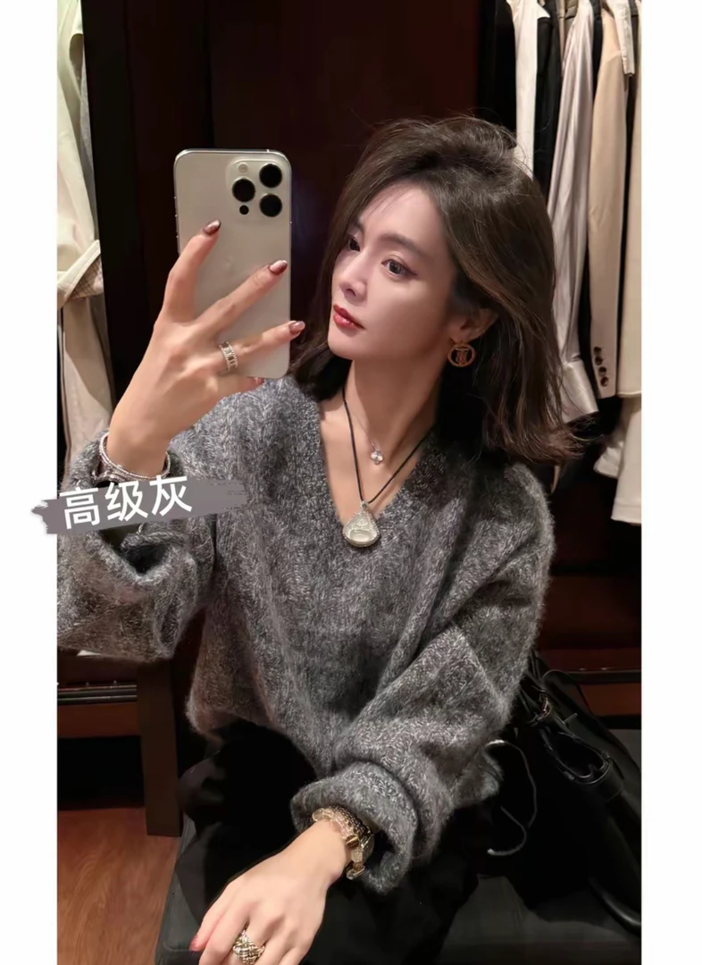 (欧雅）AB花纱100%拉绒山羊绒女款慵懒风高端针织baby绒百搭休闲