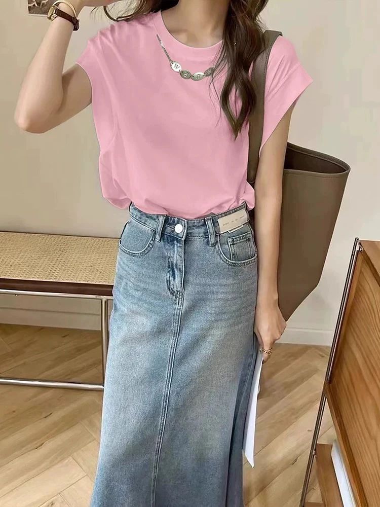 短袖直筒型常规款通勤圆领T恤不规则设计感百搭宽松显瘦开叉