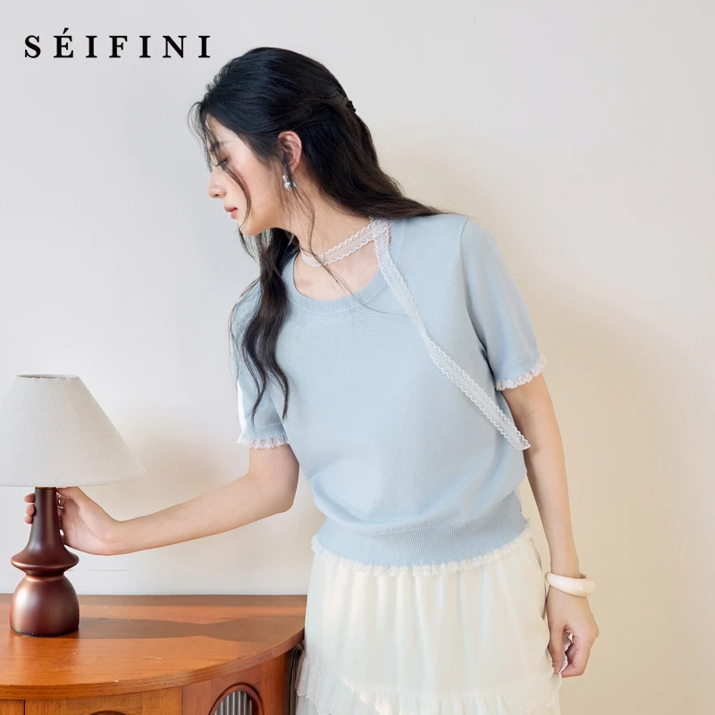 诗凡黎圆领花边短袖针织衫2025夏新款温柔漂亮套头上衣7G4231881