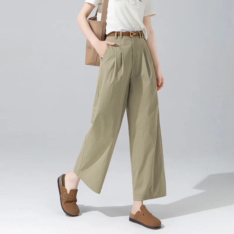 舒柔特抗皱阔腿裤女2025春秋新款欧若风穿搭卡绿色裤子九分直筒裤
