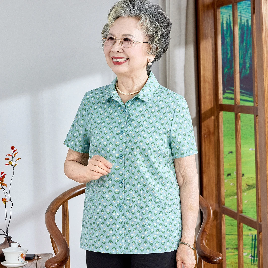 中老年奶奶装夏季全棉衬衫短袖上衣老人太太衣服妈妈休闲宽松衬衣