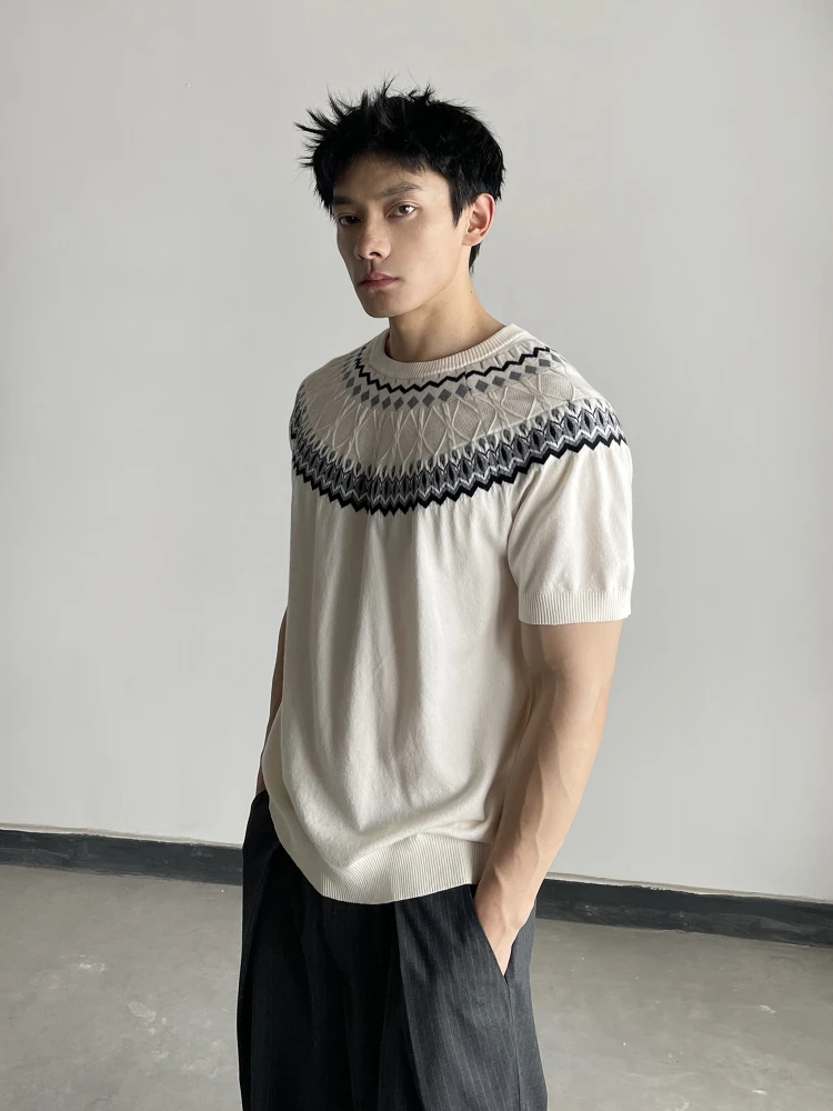 费尔岛ins短袖复古夏季针织t恤凉感亲肤休闲老钱风高费尔岛风针织