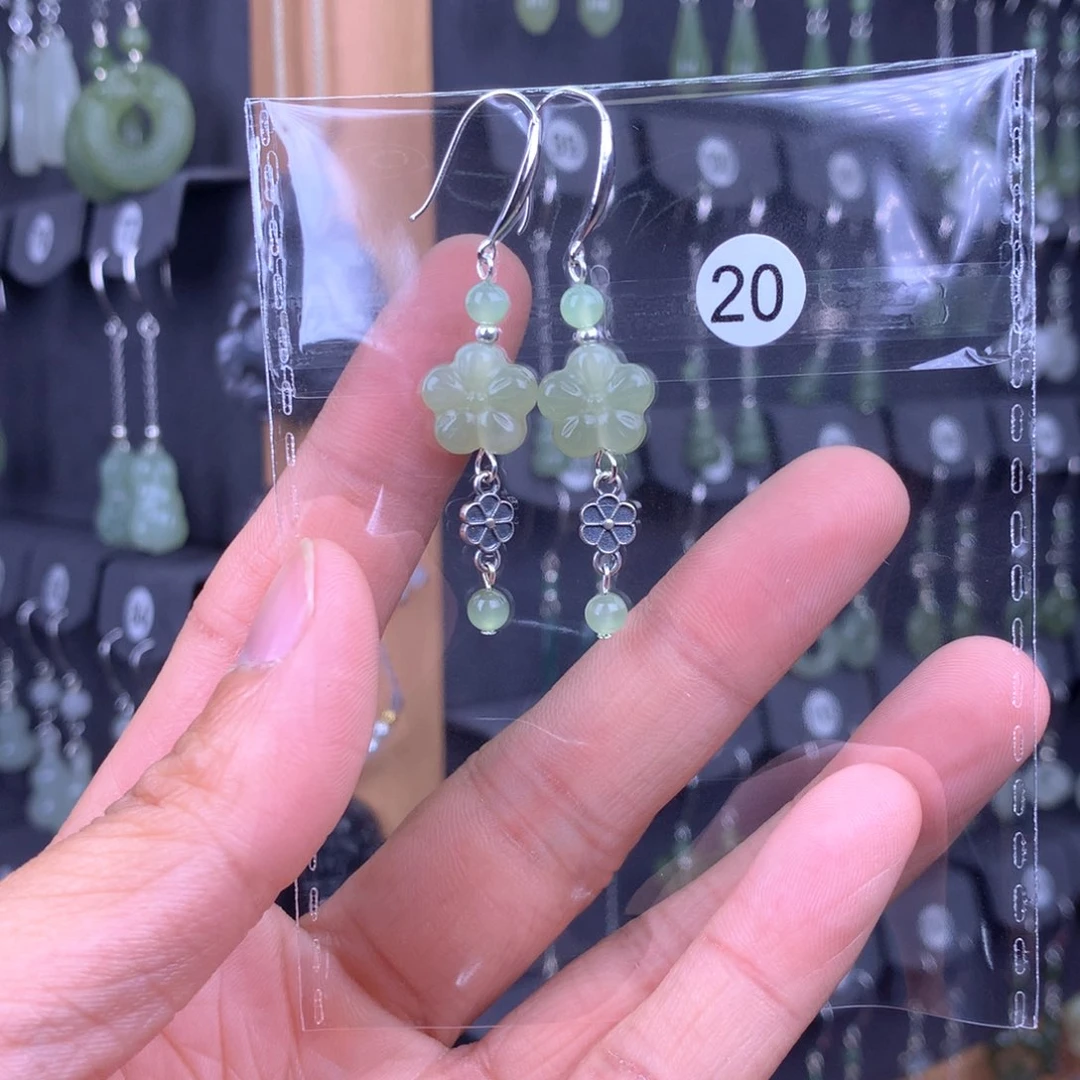 和田玉耳饰银S925镶嵌娟*