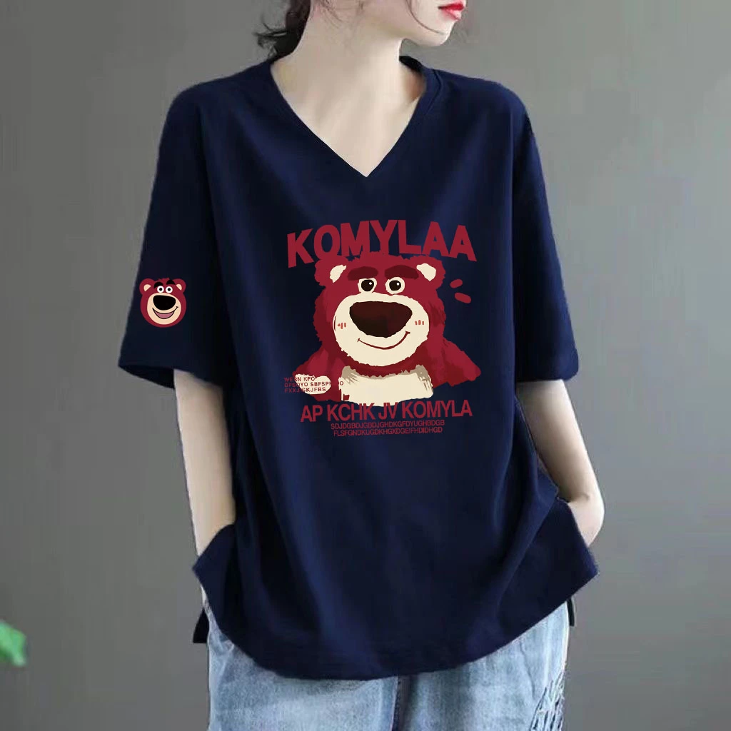 纯棉短袖T恤女2025爆款夏季V领薄款宽松显瘦时尚卡通印花洋气上衣