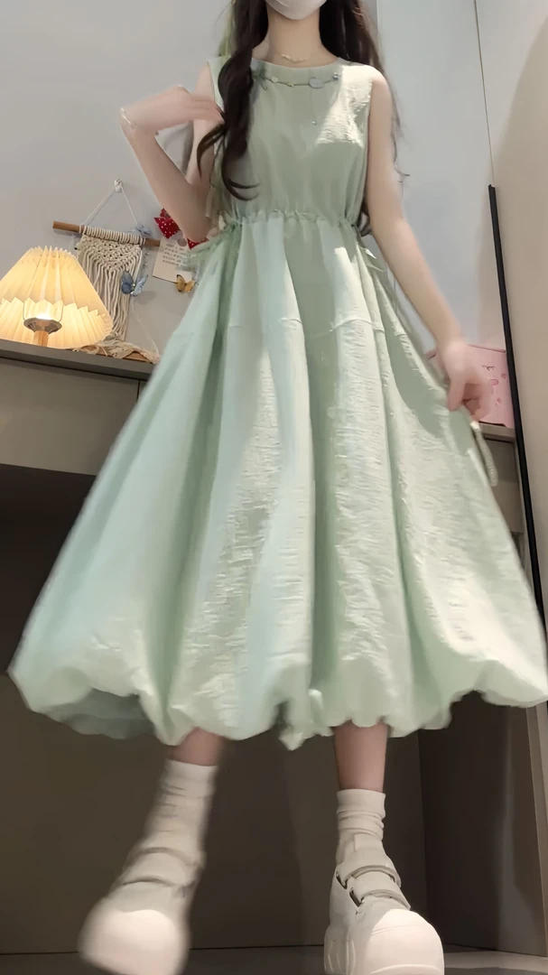 法式甜美薄荷绿背心连衣裙女夏小个子小清新蝴蝶结收腰花苞长裙子
