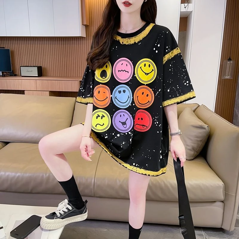 设计感小众涂鸦印花短袖t恤女2025新款夏季宽松半袖中长款上衣服