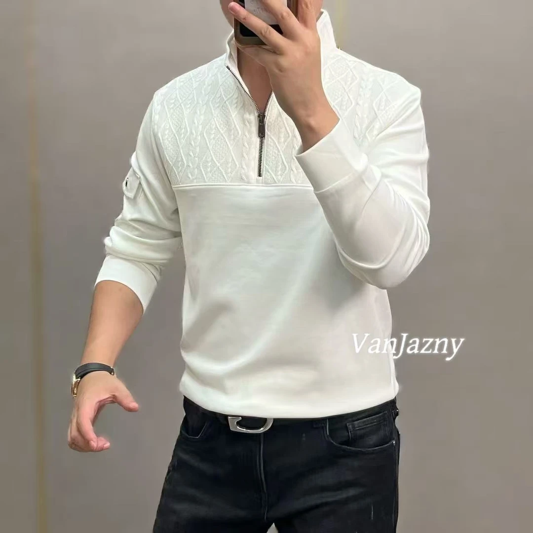 【VanJazny】新款时尚休闲男士菱格纹拼接半拉链卫衣P706