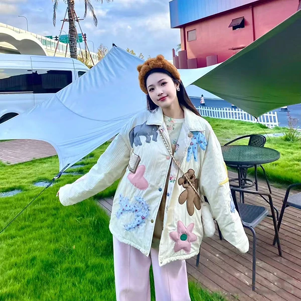 G4776-2024冬季新款时尚百搭减龄卡通刺绣两面穿棉服外套女