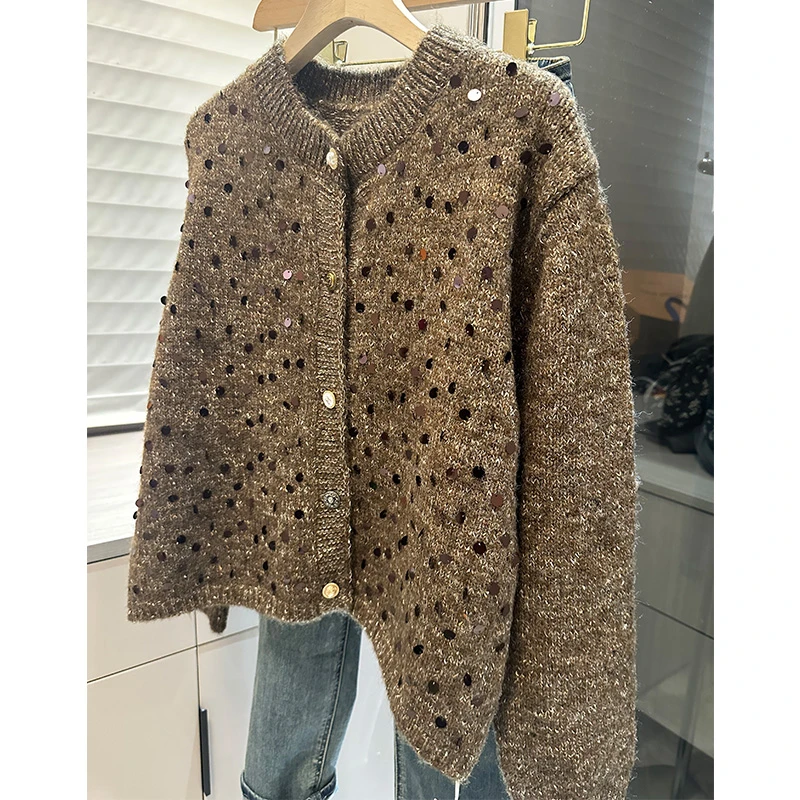 0010亮片圆领针织开衫女25年新款设计感长袖毛衣针织气质外套