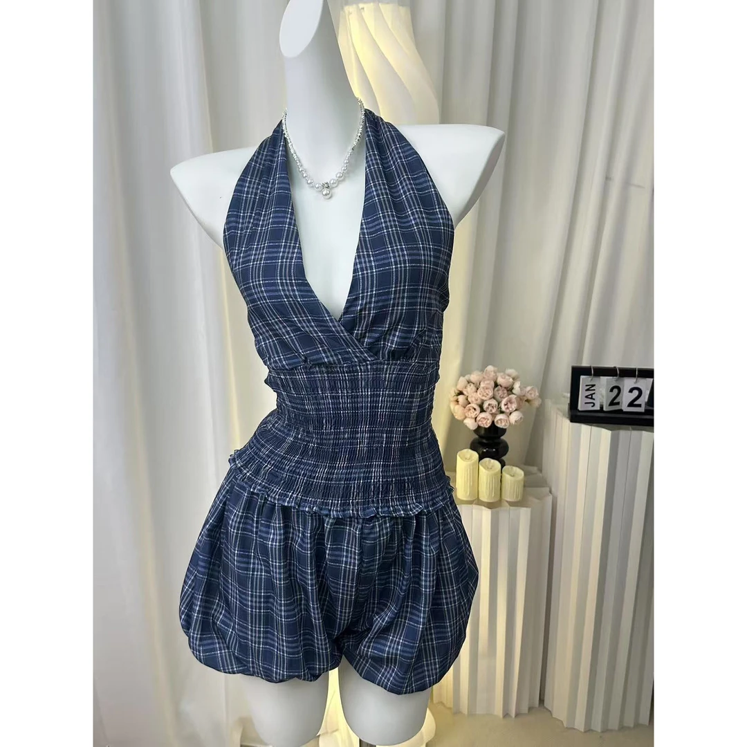 藏青色格子上衣套装女夏季炸街美式甜辣妹挂脖吊带背心短裤两件套