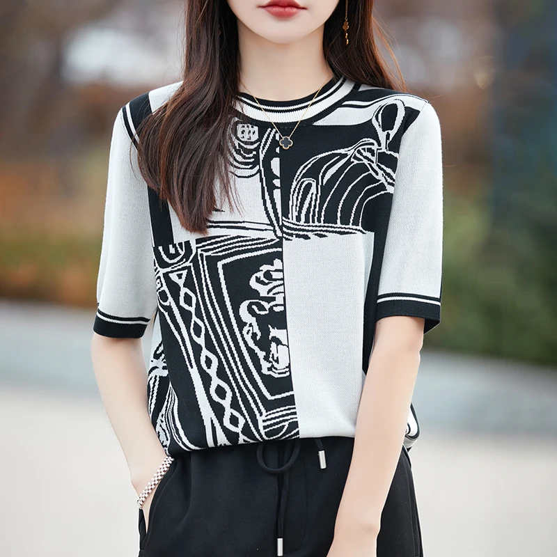 哥弟阿玛施正品夏季针织短袖Tt恤女圆领印花宽松显瘦时尚半袖上衣