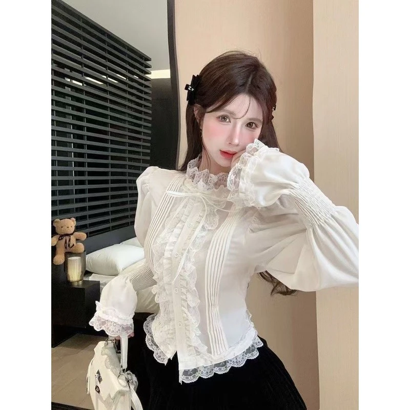 小香风喇叭白色衬衫女秋冬时尚宫廷风半高领气质蕾丝打底衫内搭