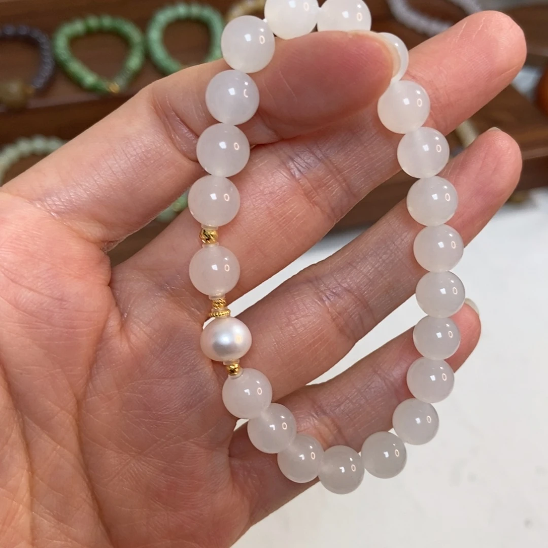 和田玉18K金镶嵌手链8mm冰白精品