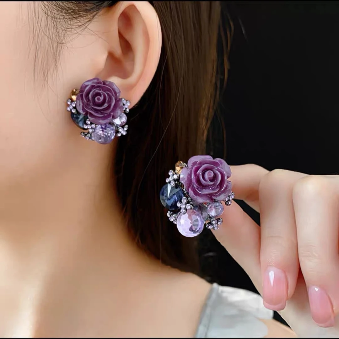 铜合金耳饰 紫色耳饰花朵耳钉女小众设计复古气质独特耳环高级感