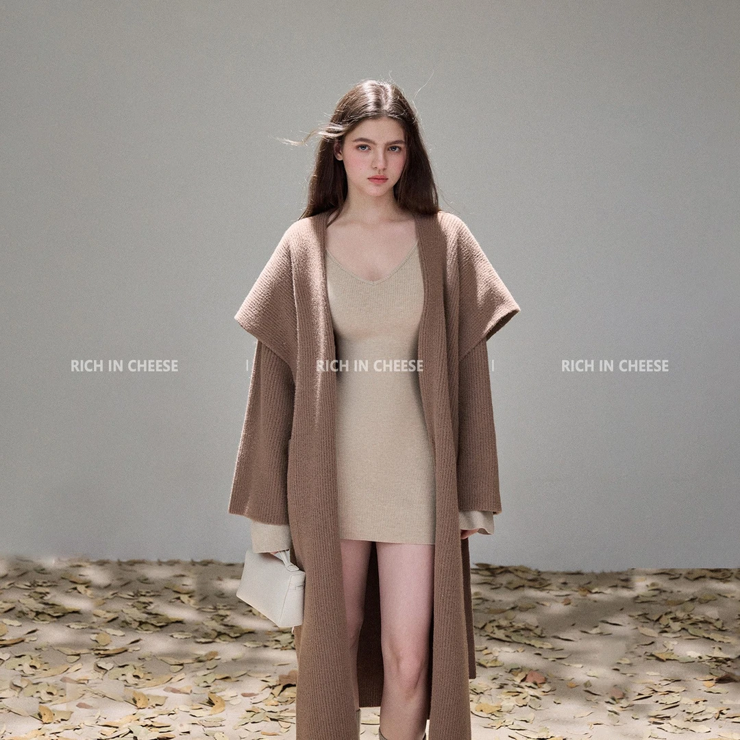 RICH IN CHEESE 慵懒美学 冬季老钱风千金感腰部系带开衫（含口袋）