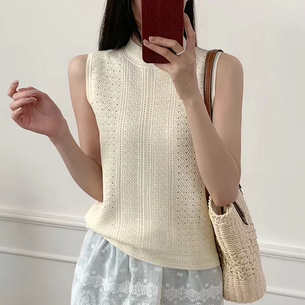 夏季冰丝镂空提花半高领无袖修身针织女背心