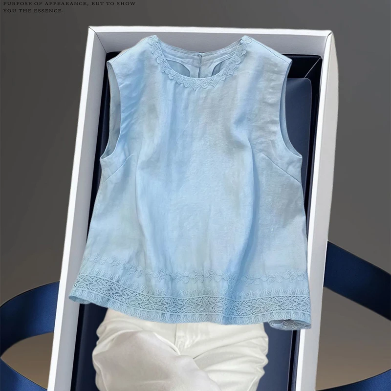 2025夏季别致独特设计感小众上衣高级感超好看蓝色亚麻无袖T恤女