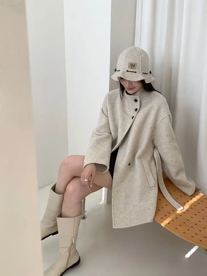 秋冬女中长款立领休闲风毛呢外套毛呢韩版职场休闲风时尚百搭大衣