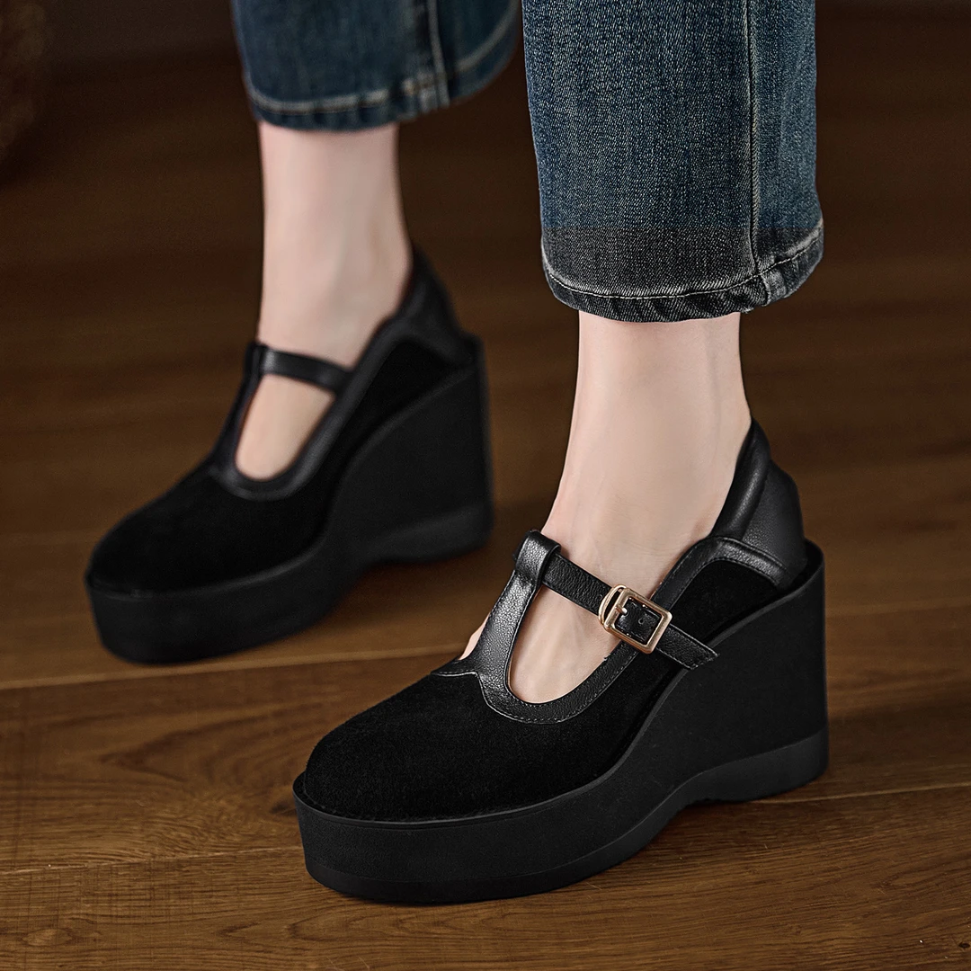 AACCK手工女鞋9CM坡跟圆头玛丽珍鞋2025新款真皮防水台高跟单鞋女