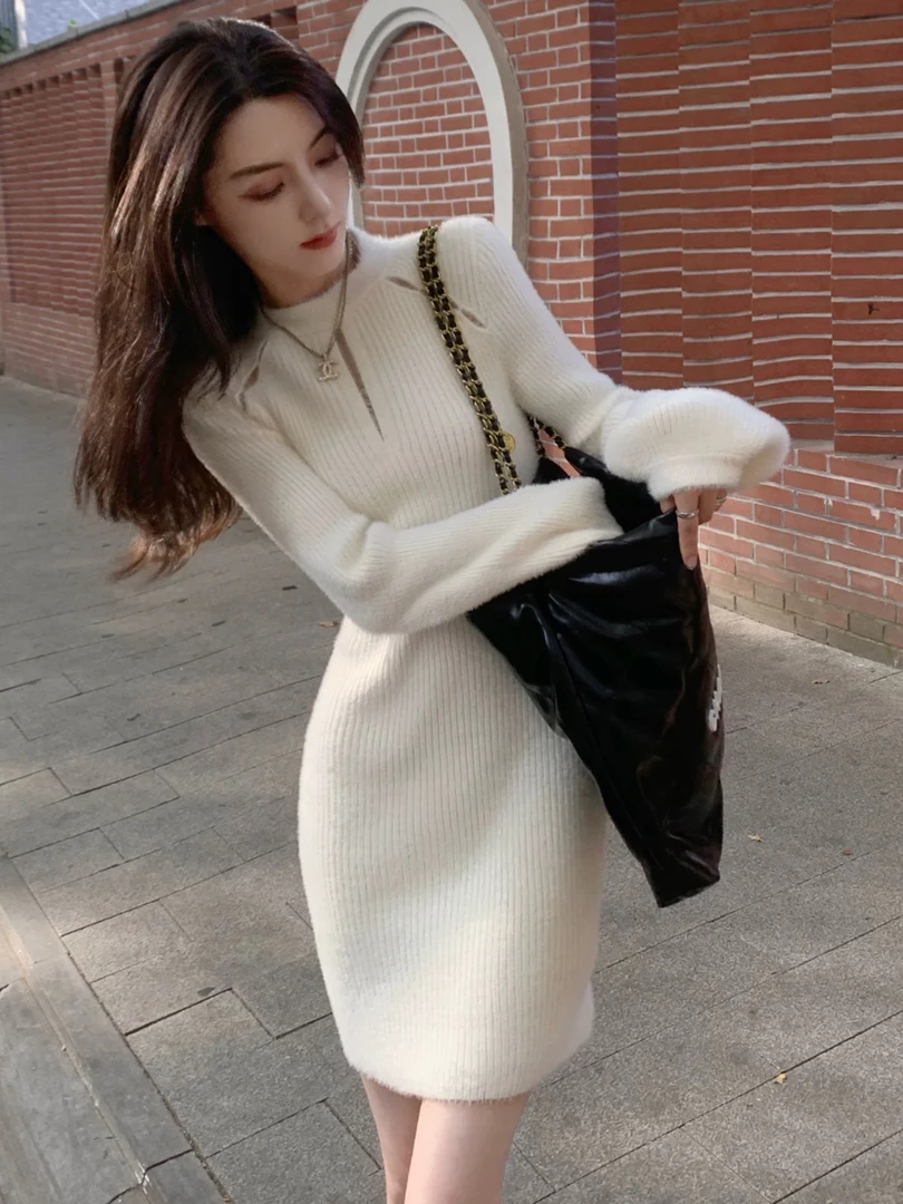 Z418小香风针织连衣裙冬季女秋冬内搭小个子显瘦白色气质毛衣裙