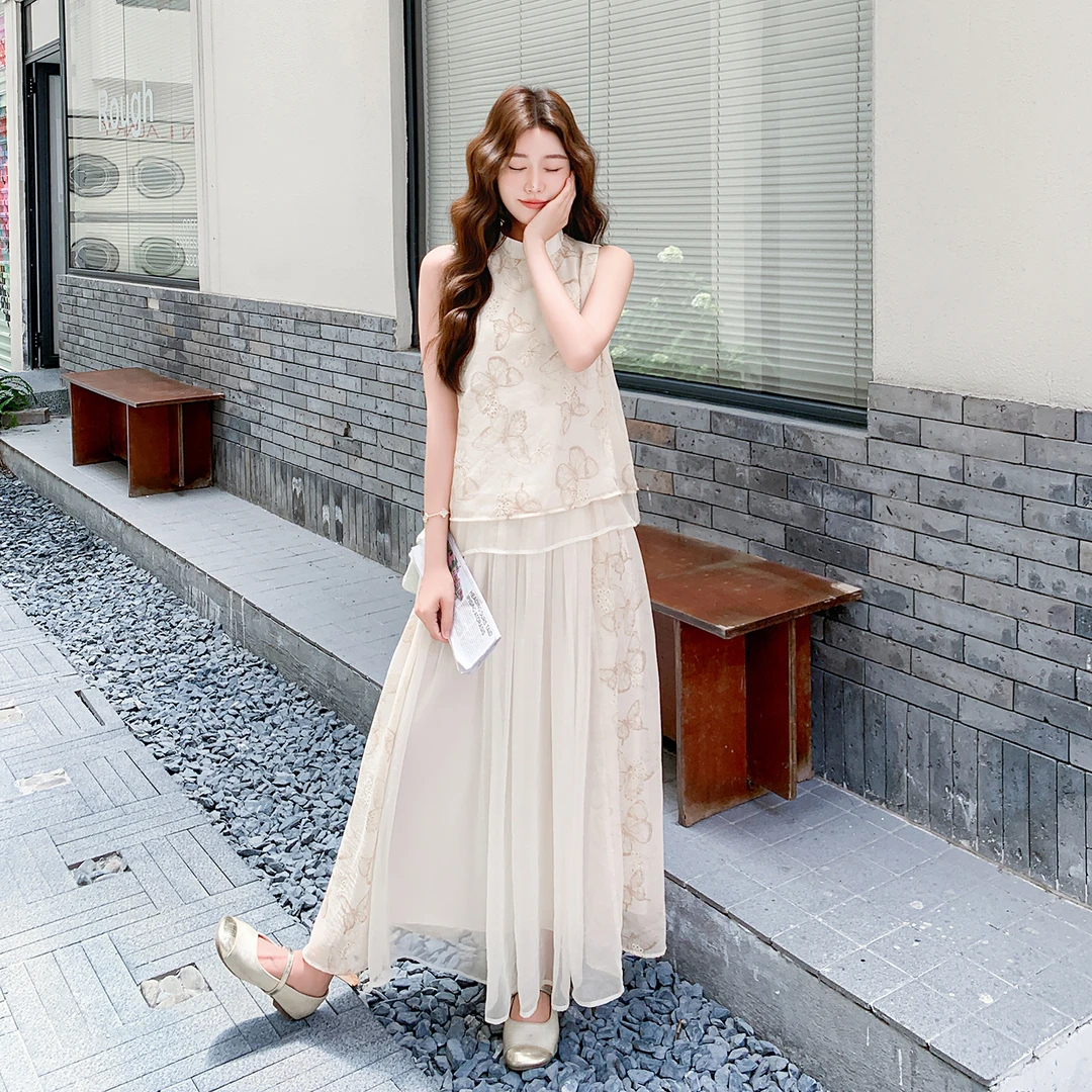 复古新中式国风感套装裙女2025夏季蝴蝶印花上衣网纱半身裙两件套