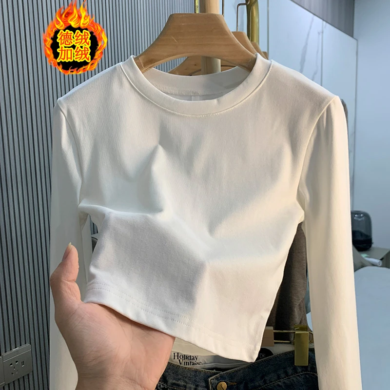 小个子短款长袖上衣女冬季基础修身叠穿打底衫女正肩白色加绒T恤