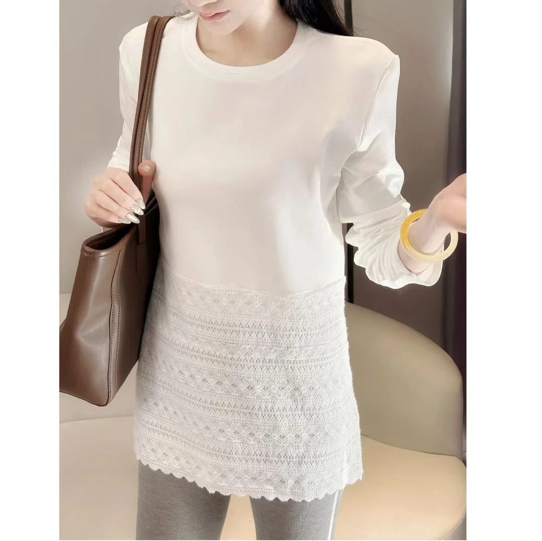 简约蕾丝拼接中长款磨毛长袖T恤女春季2025新款休闲宽松打底上衣