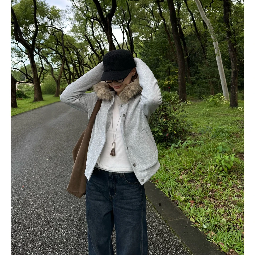 Our2【毛毛领卫衣】薄绒休闲慵懒风短款连帽毛领卫衣外套【X5834】