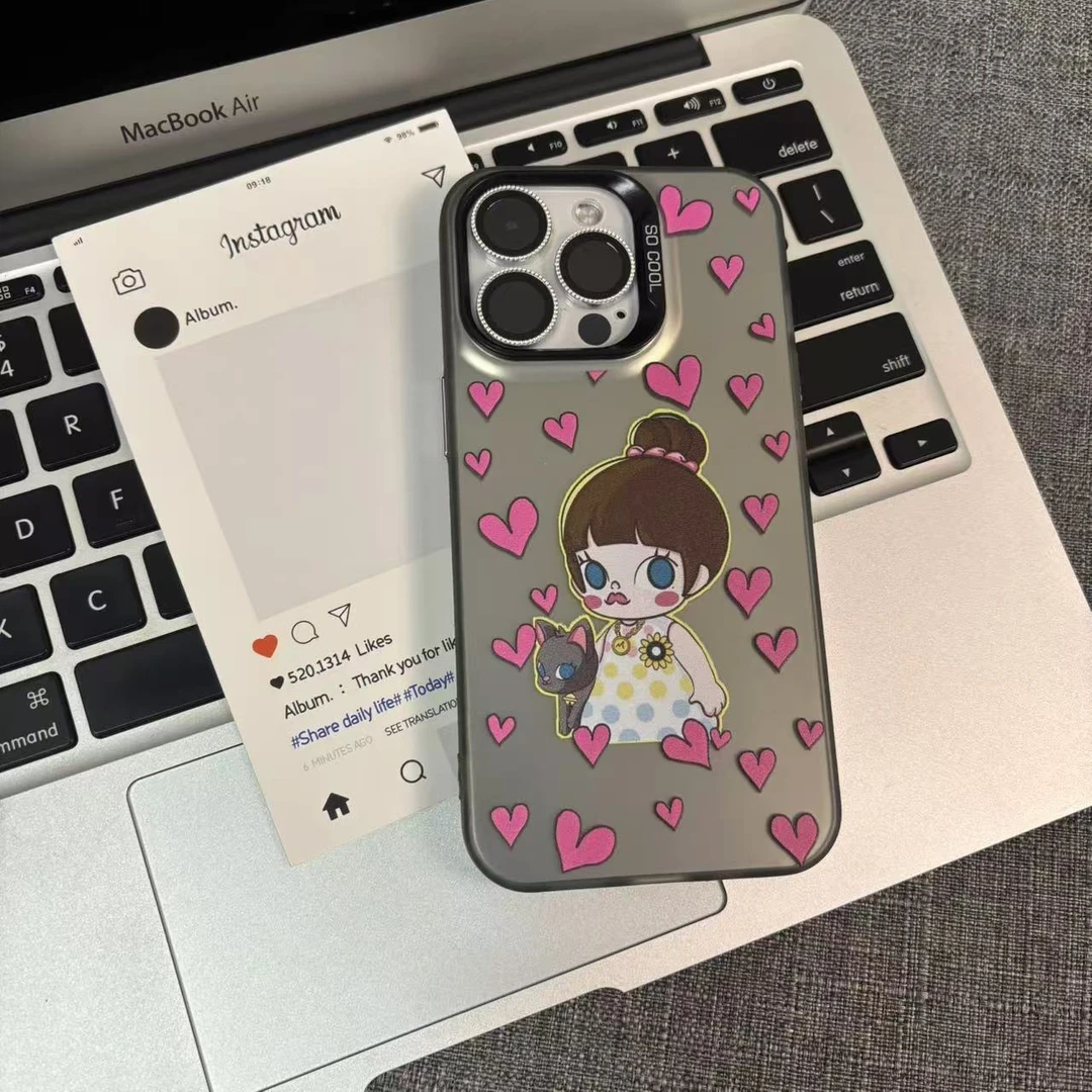 满屏爱心胖墩茉莉适用于苹果15手机壳14/13/12彩银IMD防摔个性