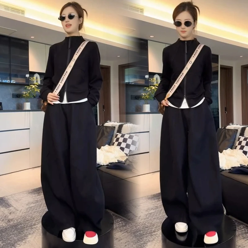 休闲运动套装女2025秋季新款洋气显瘦立领长袖外套阔腿裤两件套潮