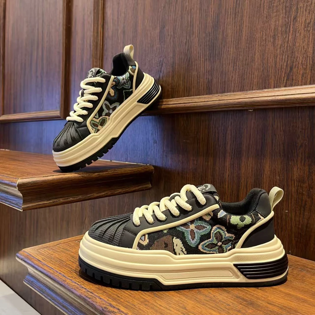 男鞋2025秋季时尚厚底拼色增高百搭休闲潮鞋贝壳头系带男生鞋子